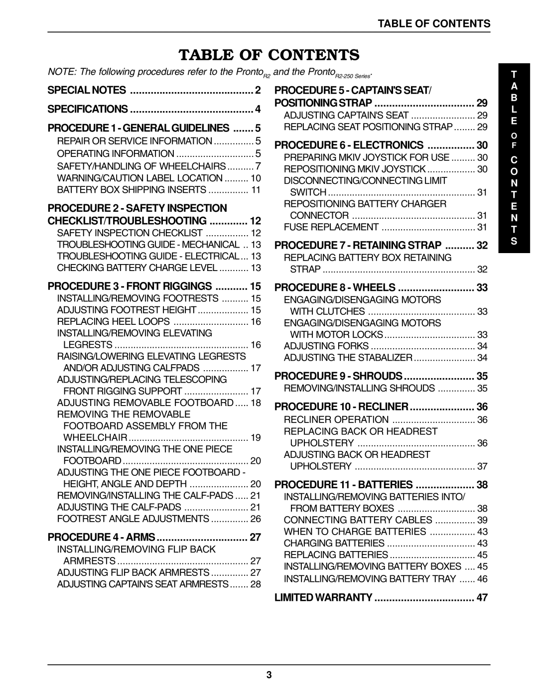 Invacare R2-250, Pronto R2 manual Table of Contents 