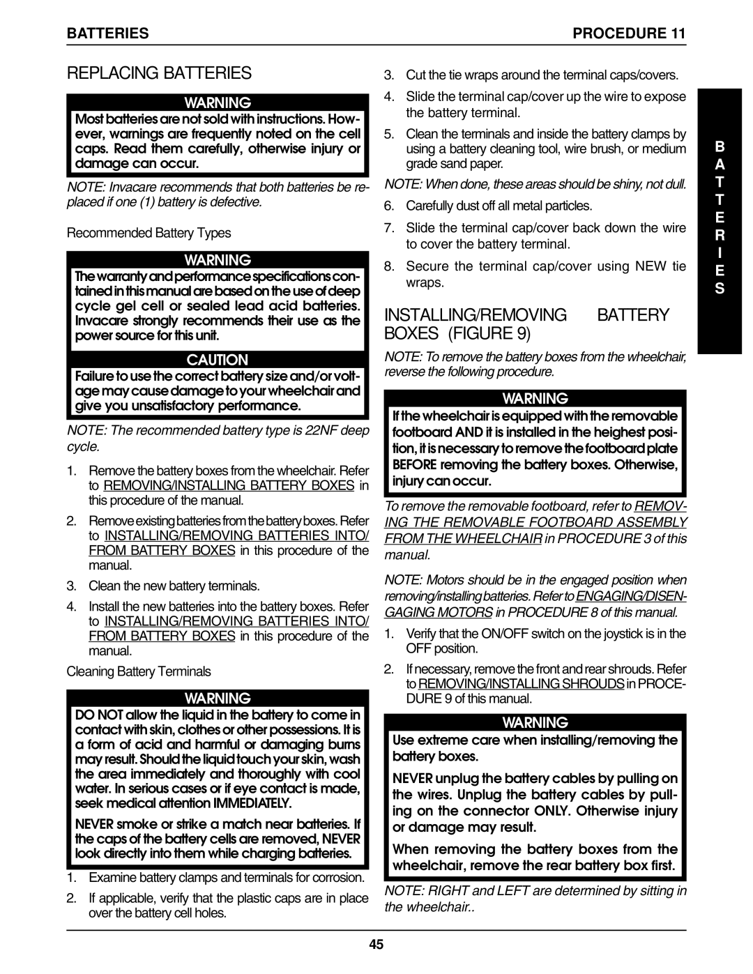 Invacare R2-250 manual Replacing Batteries, INSTALLING/REMOVING Battery Boxes Figure, T T E R, Recommended Battery Types 