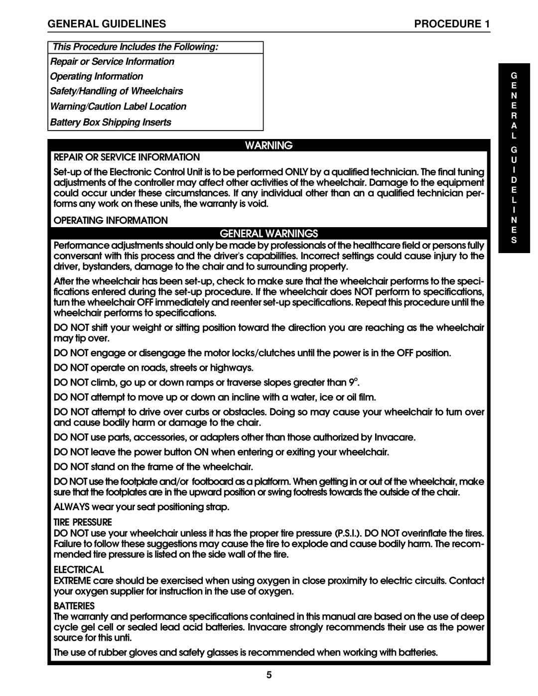 Invacare R2-250, Pronto R2 manual General Guidelines, Procedure 