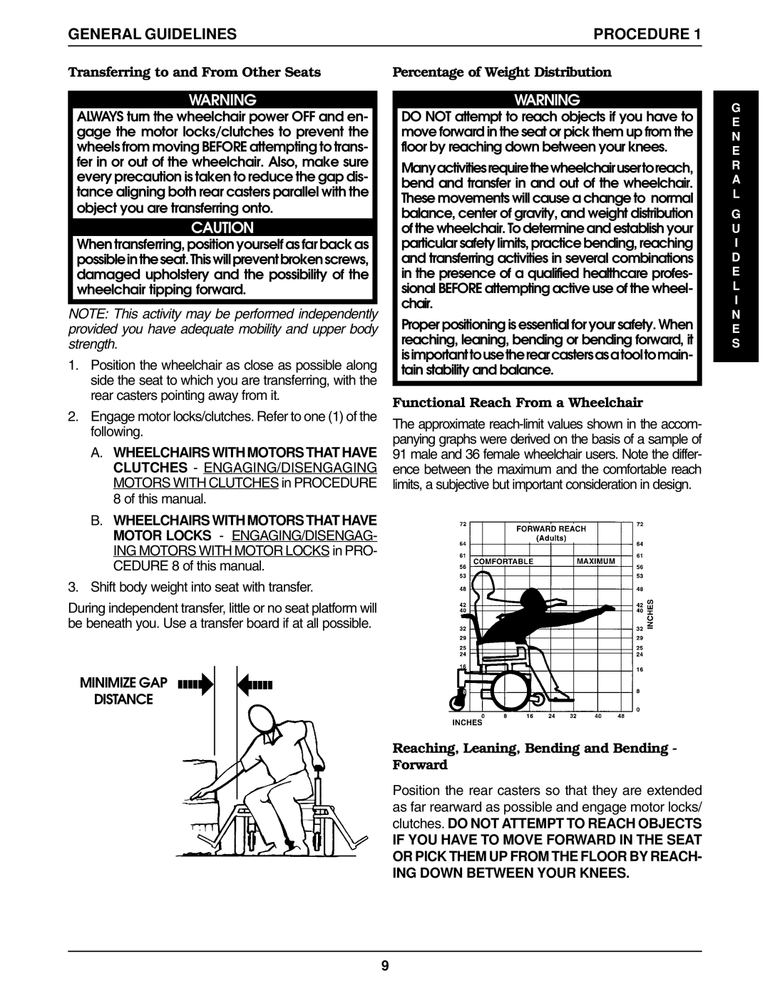 Invacare R2-250 manual Shift body weight into seat with transfer, Minimize GAP Distance, Functional Reach From a Wheelchair 