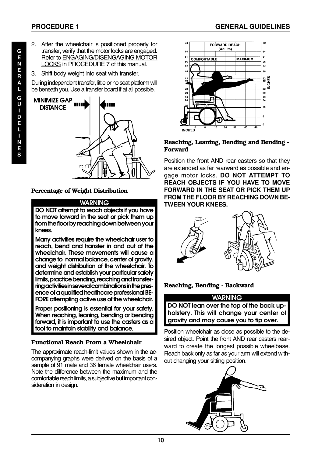 Invacare ProntoTM M6 manual Reaching, Leaning, Bending and Bending Forward, Reaching, Bending Backward 