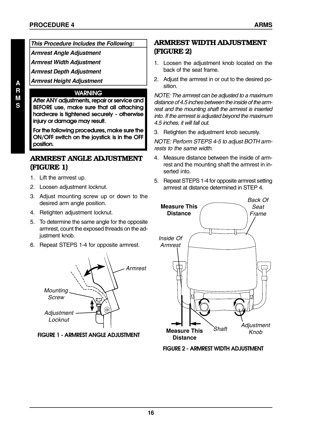 Invacare ProntoTM M6 manual Armrest Angle Adjustment Figure, Armrest Width Adjustment Figure, M S, Arms 