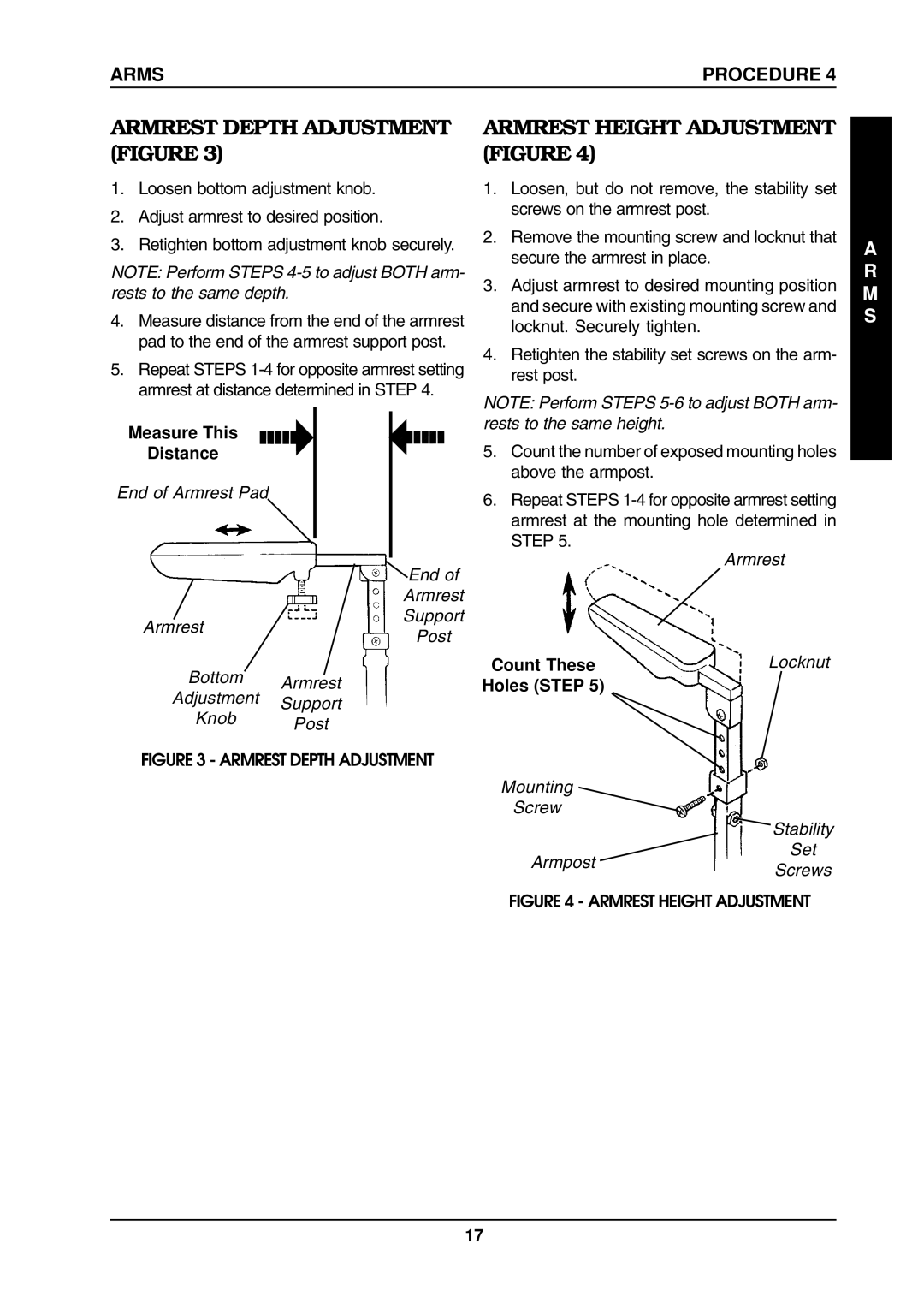 Invacare ProntoTM M6 manual Armrest Depth Adjustment Figure, Armrest Height Adjustment Figure, Arms 