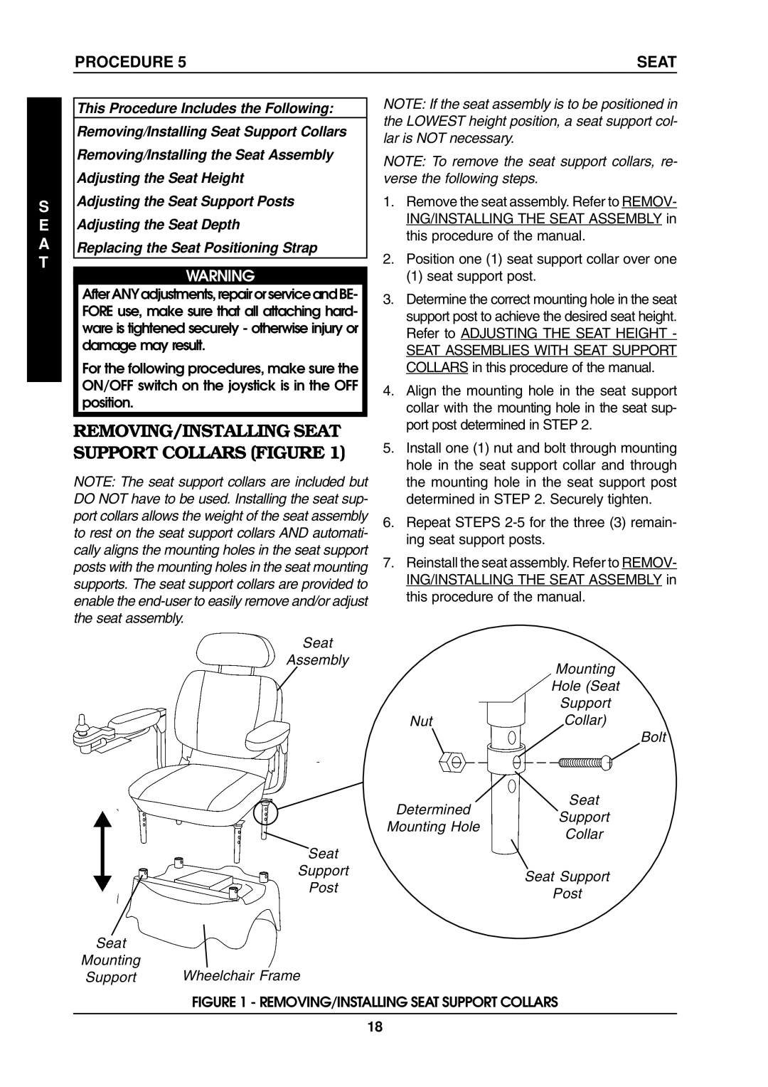 Invacare ProntoTM M6 REMOVING/INSTALLING Seat Support Collars Figure, Seat Assembly Support Post Mounting Wheelchair Frame 