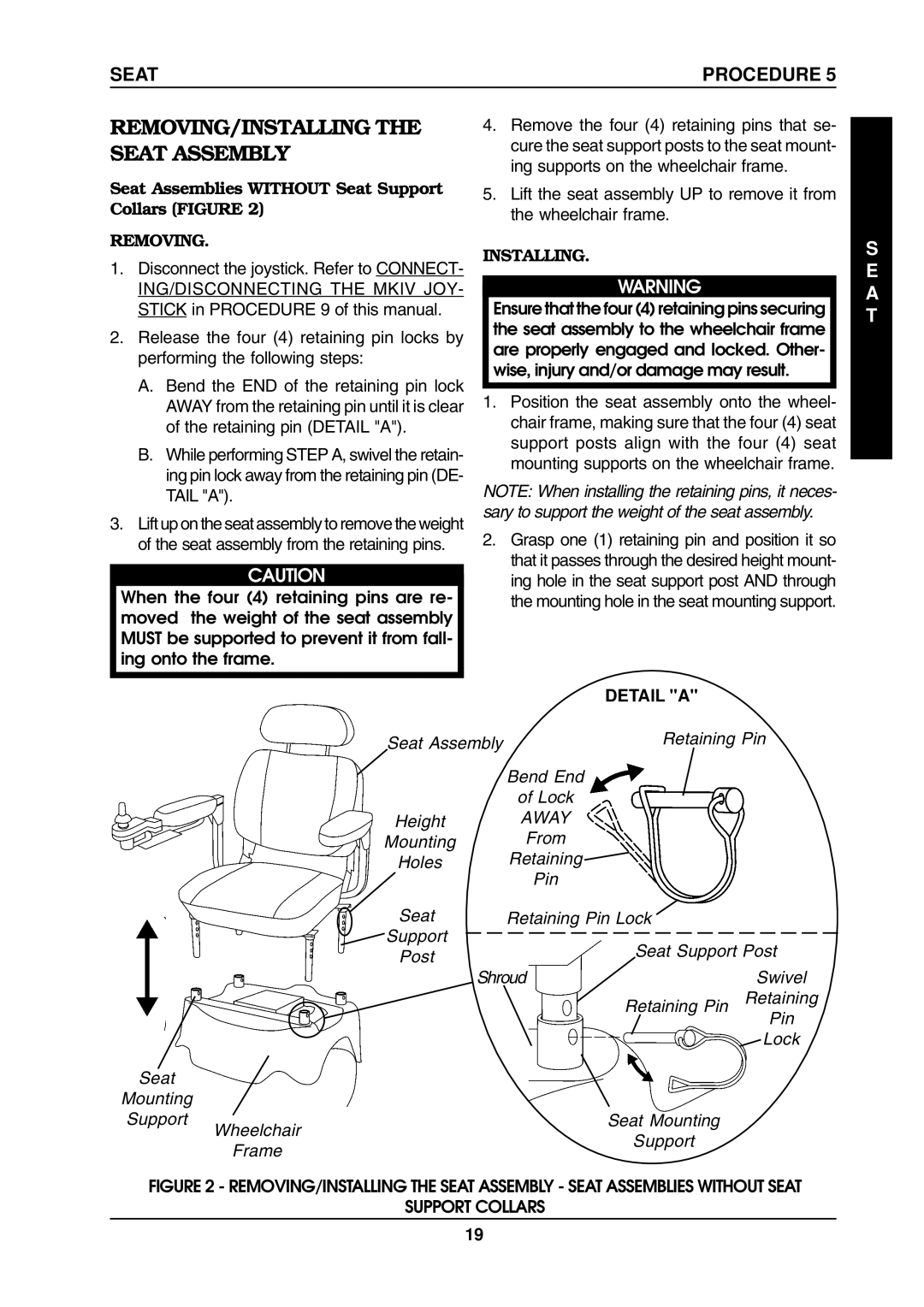 Invacare ProntoTM M6 manual Removing/Installing, Seat Assembly, Seat Procedure, A T, Detail a 