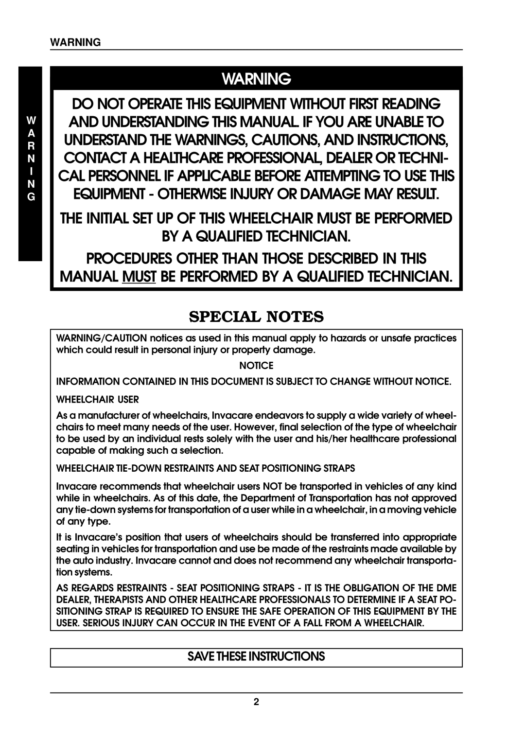 Invacare ProntoTM M6 manual R N I N G, Wheelchair TIE-DOWN Restraints and Seat Positioning Straps 