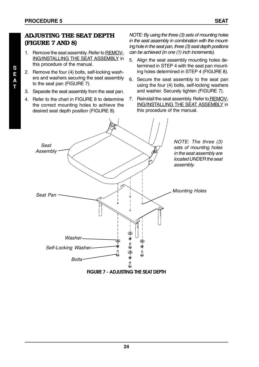 Invacare ProntoTM M6 Adjusting the Seat Depth, Seat Assembly, Mounting Holes Seat Pan Washer Self-Locking Washer Bolts 