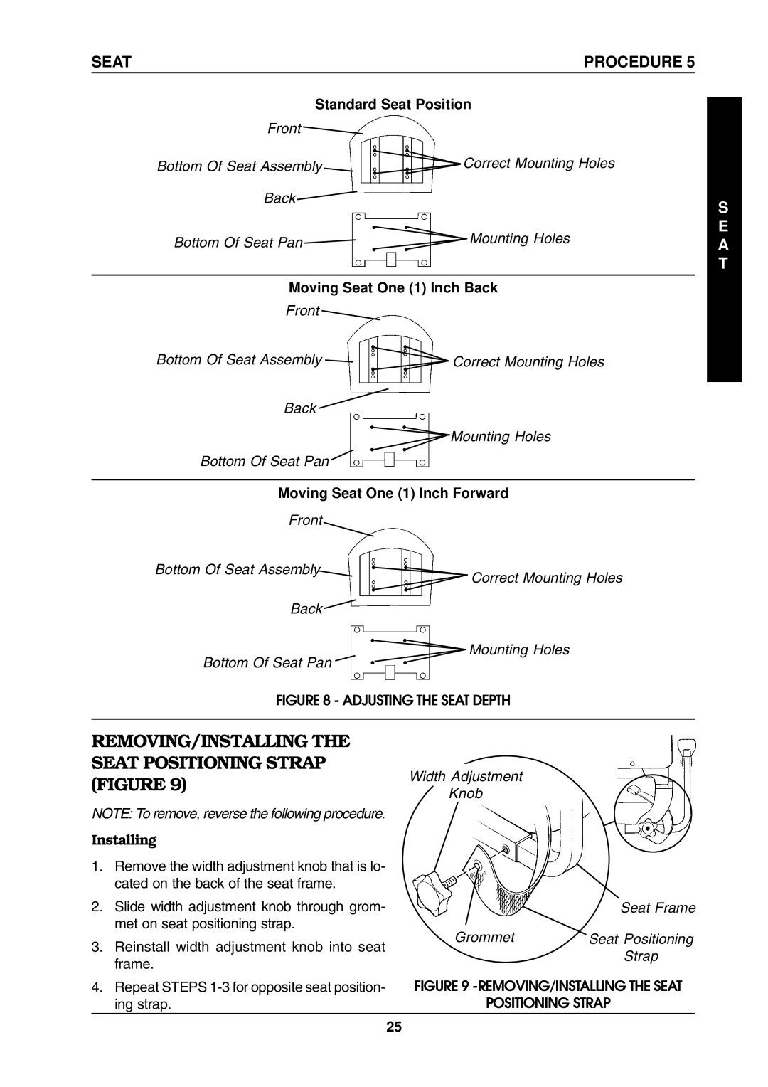 Invacare ProntoTM M6 manual REMOVING/INSTALLING the Seat Positioning Strap Figure, Installing 