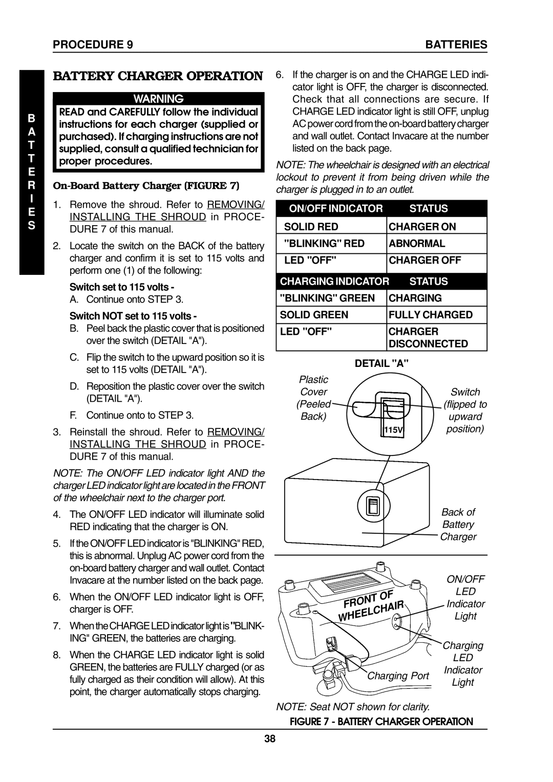 Invacare ProntoTM M6 manual Battery Charger Operation, On-Board Battery Charger Figure 