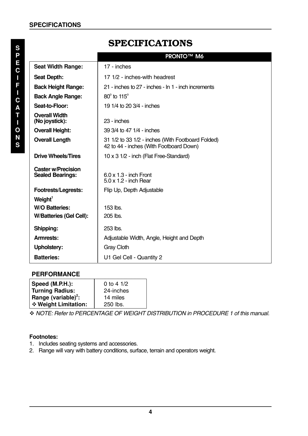 Invacare ProntoTM M6 manual Specifications, Performance 