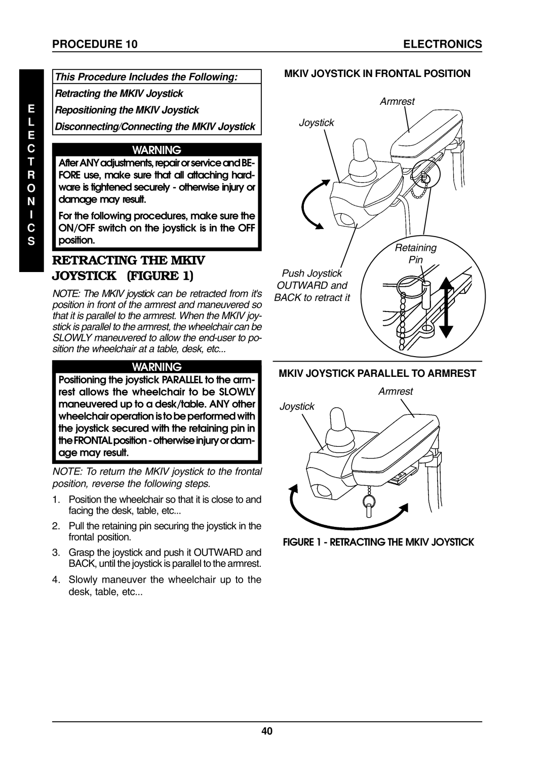 Invacare ProntoTM M6 Retracting the Mkiv Joystick Figure, Electronics, Mkiv Joystick in Frontal Position, Armrest Joystick 