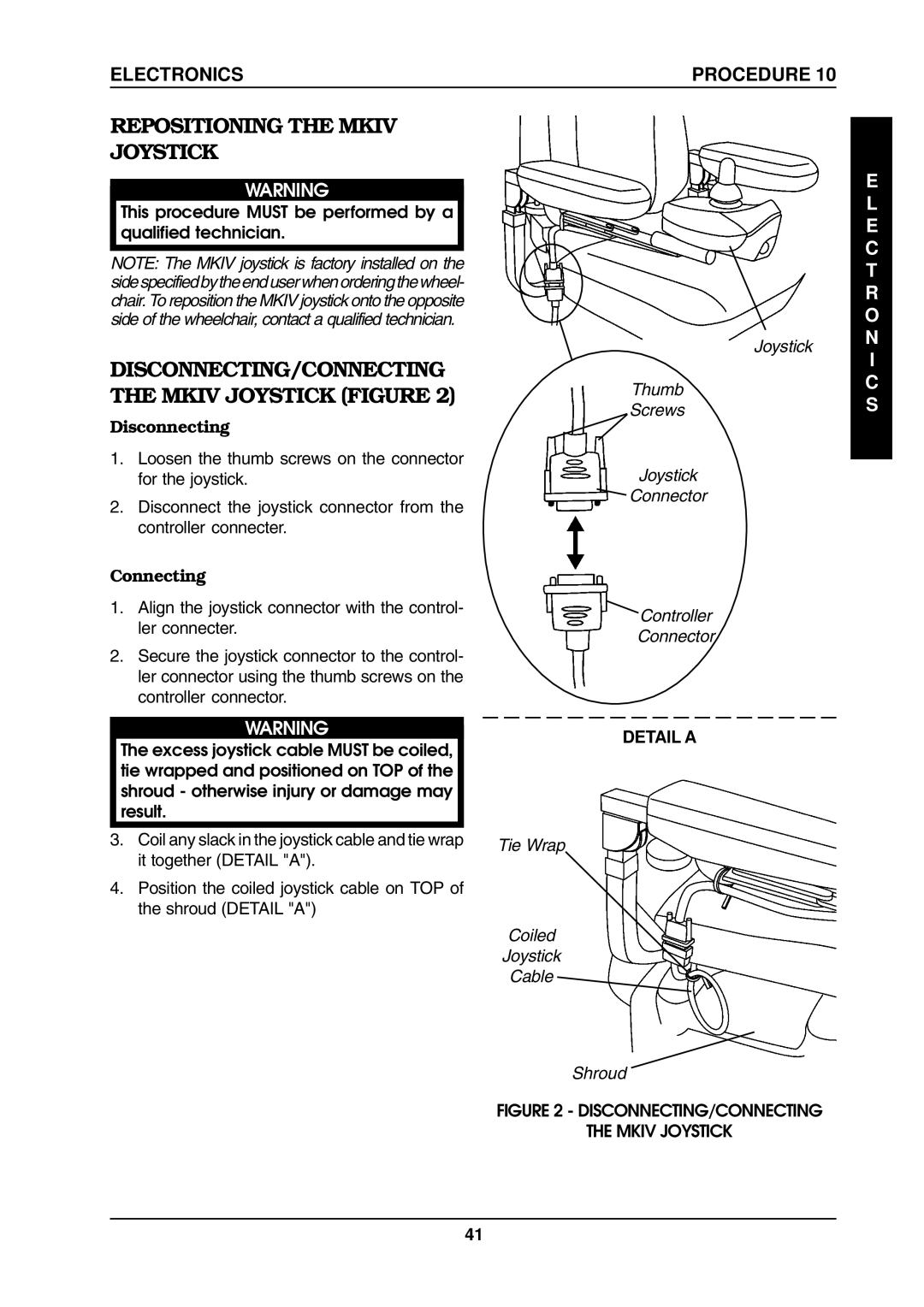 Invacare ProntoTM M6 manual Repositioning the Mkiv Joystick, DISCONNECTING/CONNECTING the Mkiv Joystick Figure, Electronics 