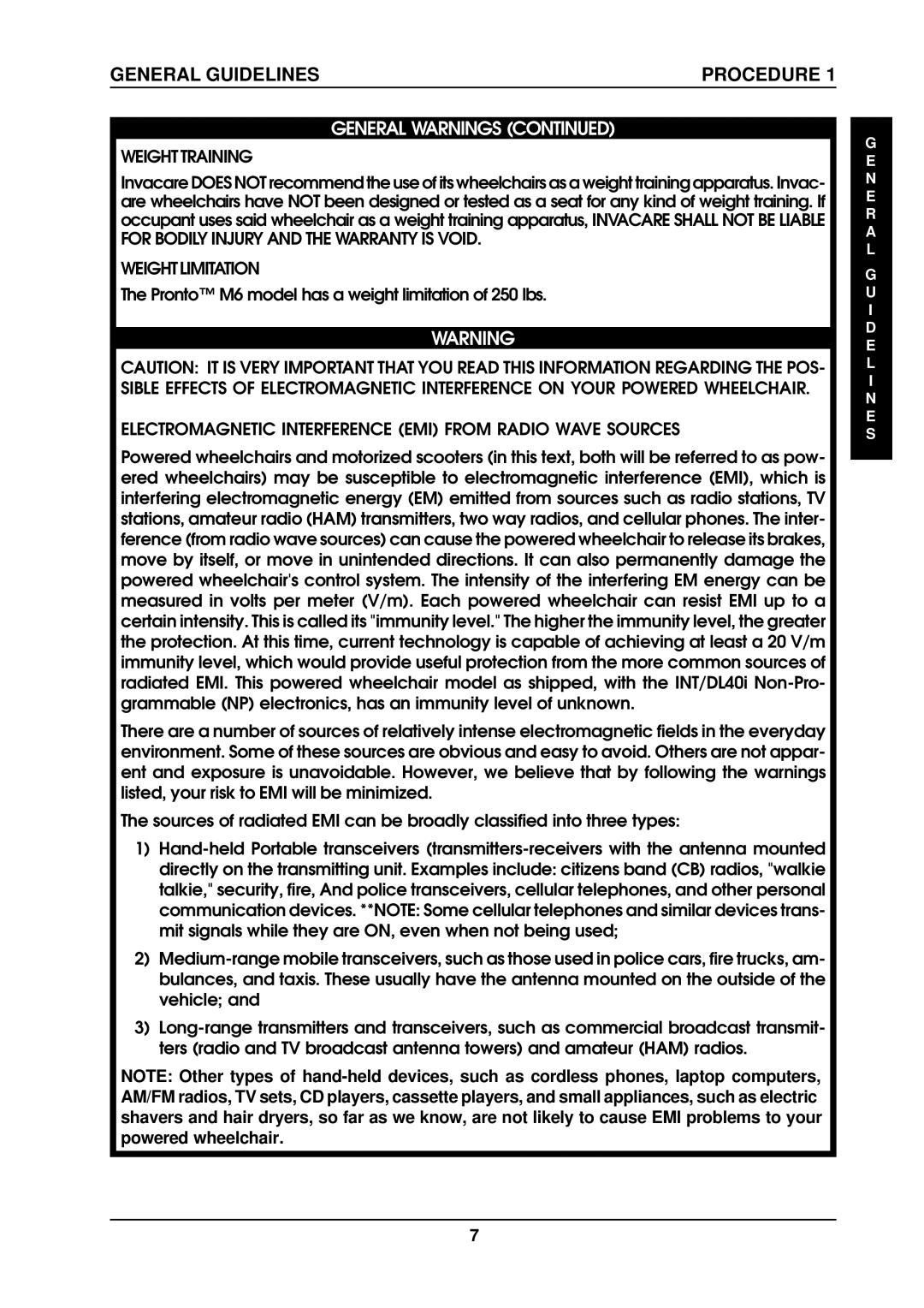 Invacare ProntoTM M6 manual Weight Training, Weightlimitation, Electromagnetic Interference EMI from Radio Wave Sources 