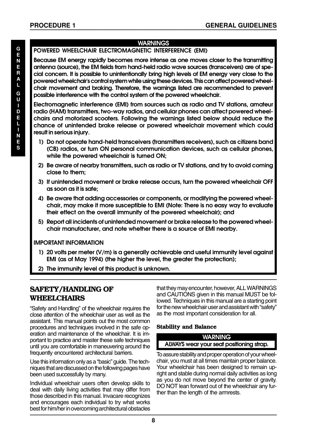 Invacare ProntoTM M6 manual SAFETY/HANDLING Wheelchairs, Powered Wheelchair Electromagnetic Interference EMI 