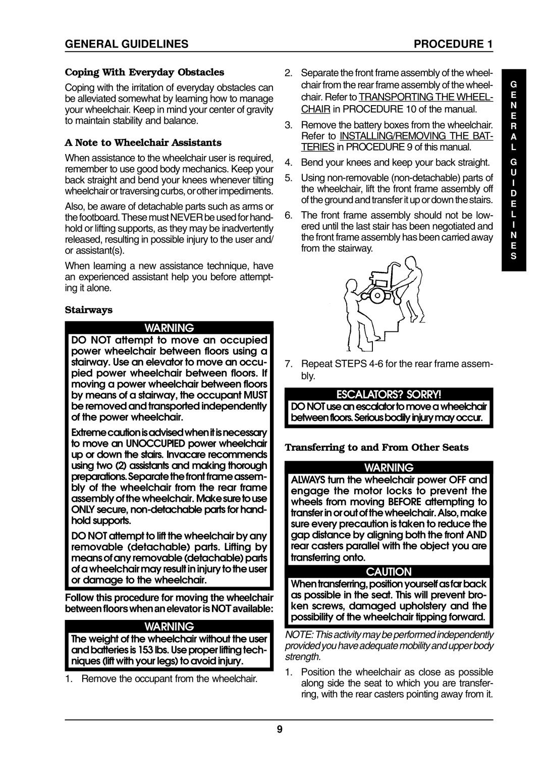 Invacare ProntoTM M6 manual Coping With Everyday Obstacles, Stairways, Transferring to and From Other Seats 