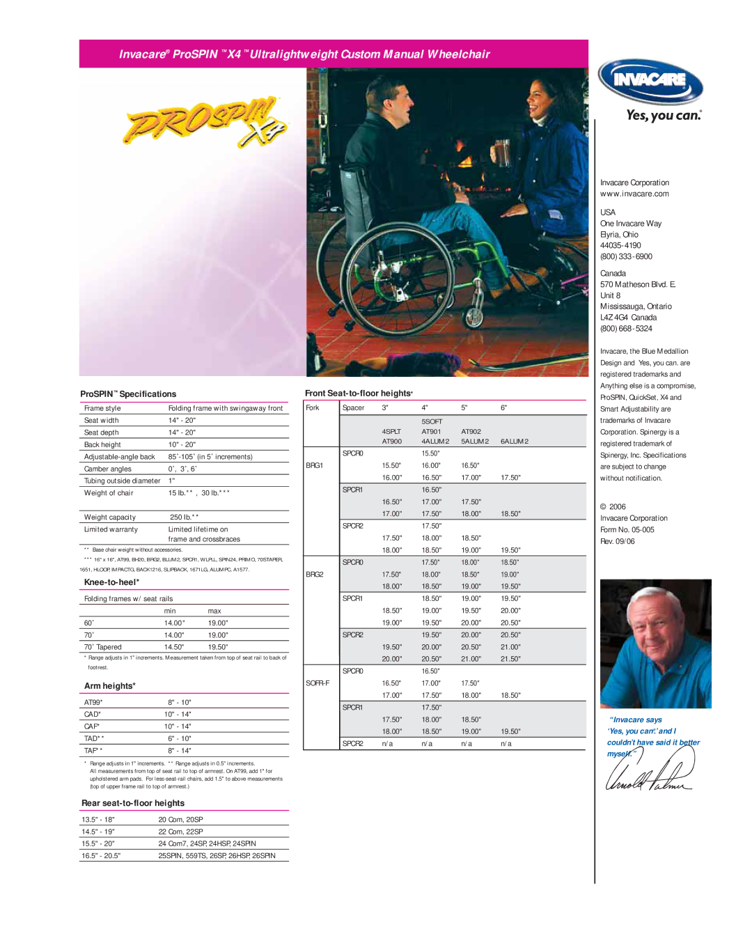 Invacare ProSPIN X4 manual ProSPIN Specifications 