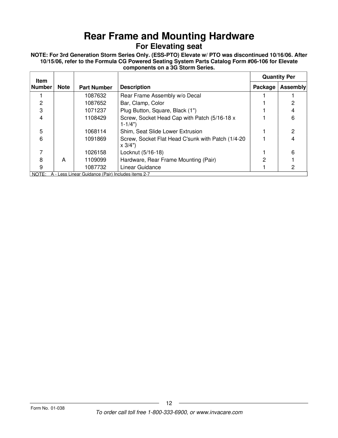 Invacare ESS-PTO, PTO-STM manual Less Linear Guidance Pair Includes items Form No 