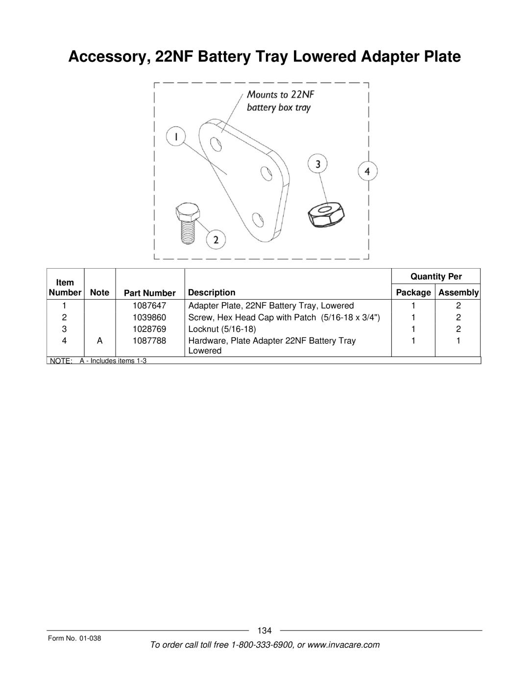 Invacare ESS-PTO, PTO-STM manual Accessory, 22NF Battery Tray Lowered Adapter Plate 