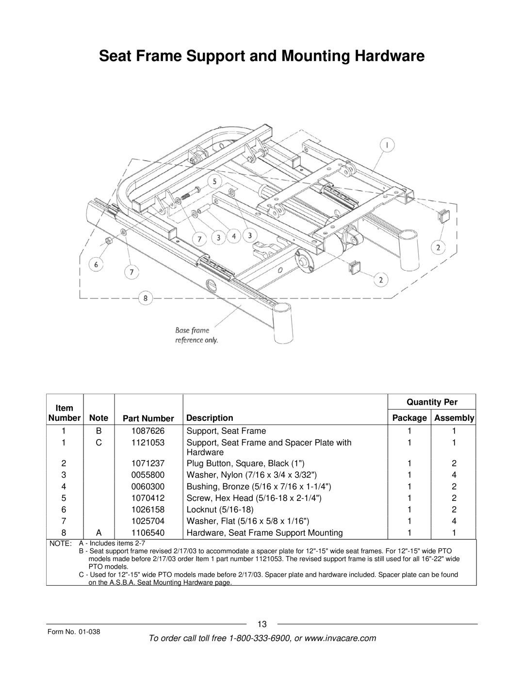 Invacare PTO-STM, ESS-PTO manual Seat Frame Support and Mounting Hardware 