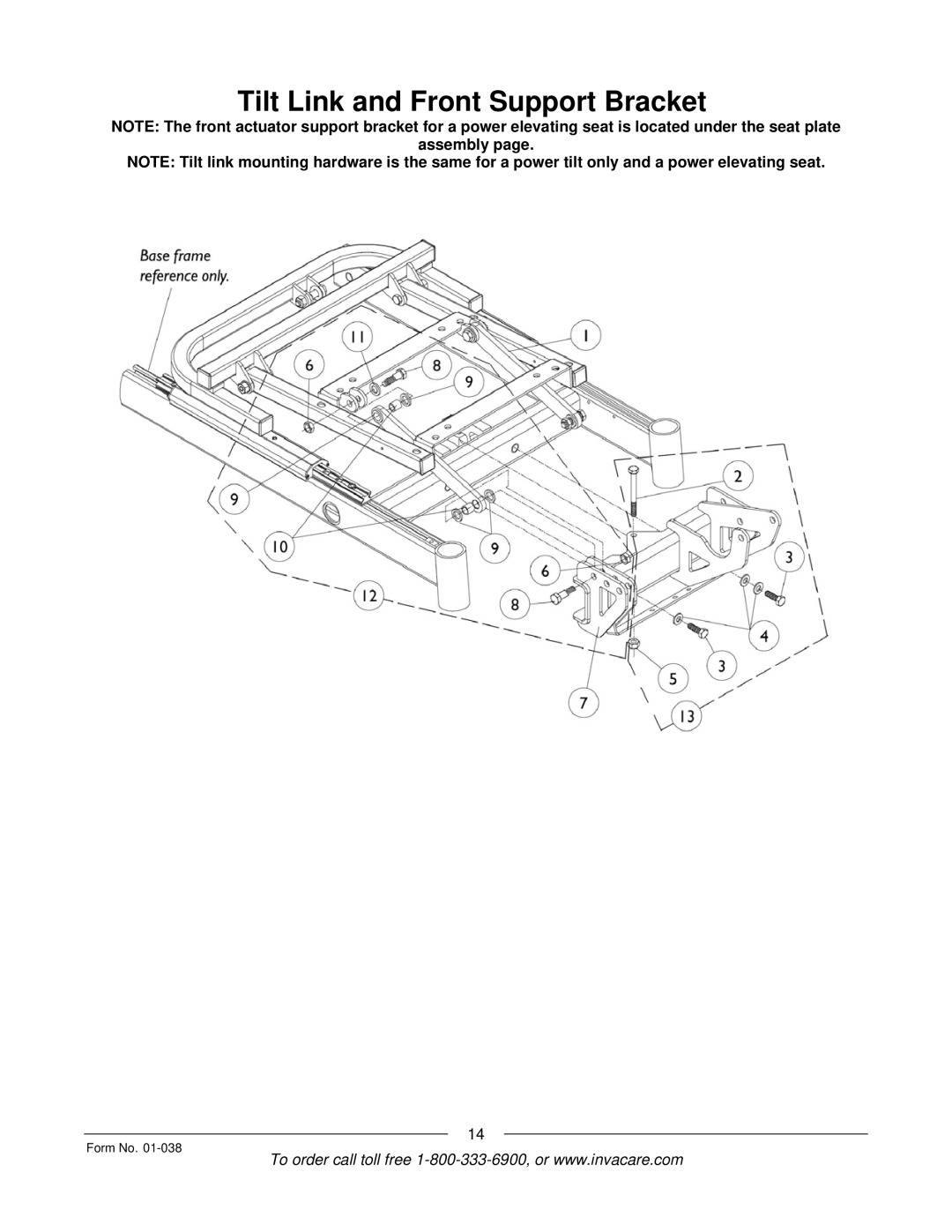 Invacare ESS-PTO, PTO-STM manual Tilt Link and Front Support Bracket 