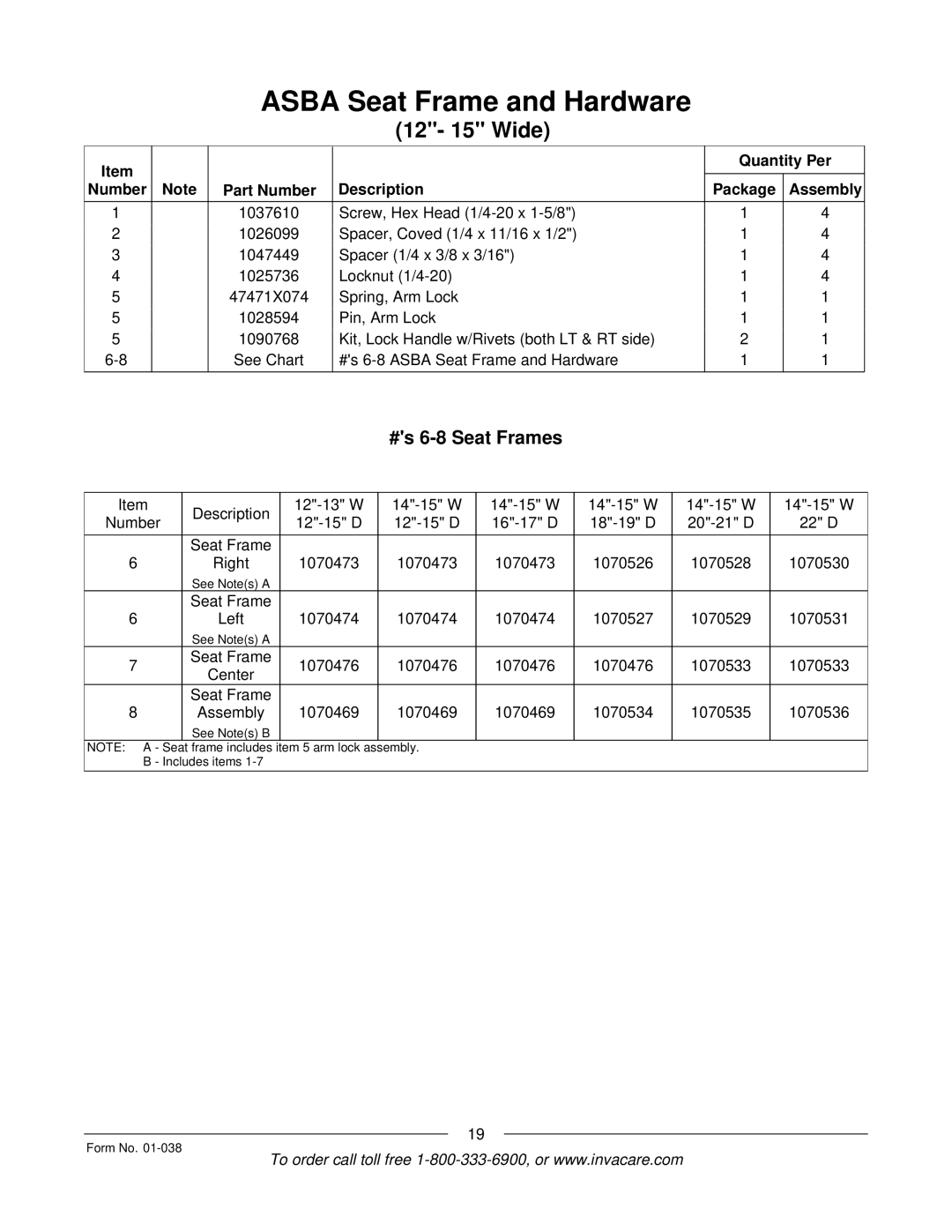 Invacare PTO-STM, ESS-PTO manual #s 6-8 Seat Frames 