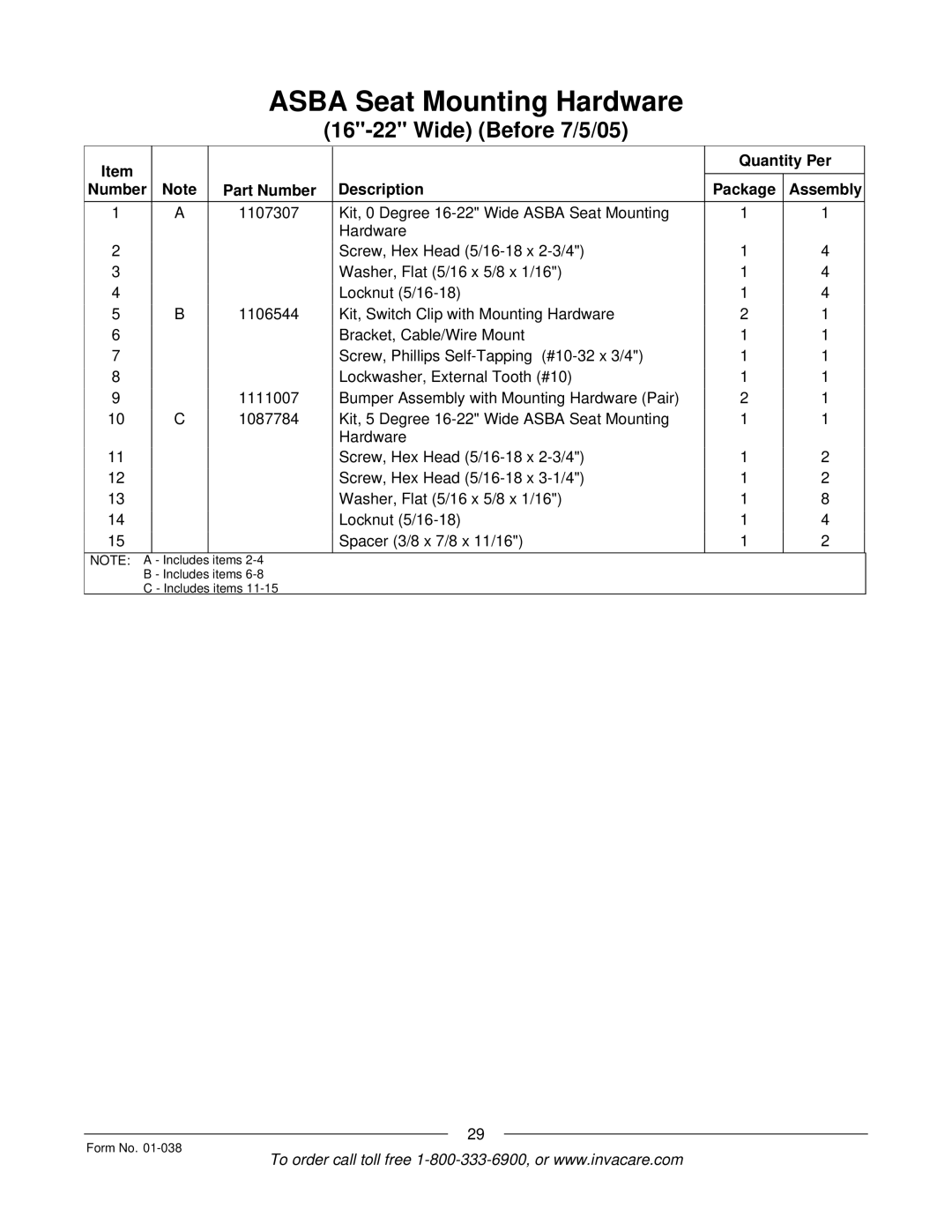 Invacare PTO-STM, ESS-PTO manual Items Includes items Form No 