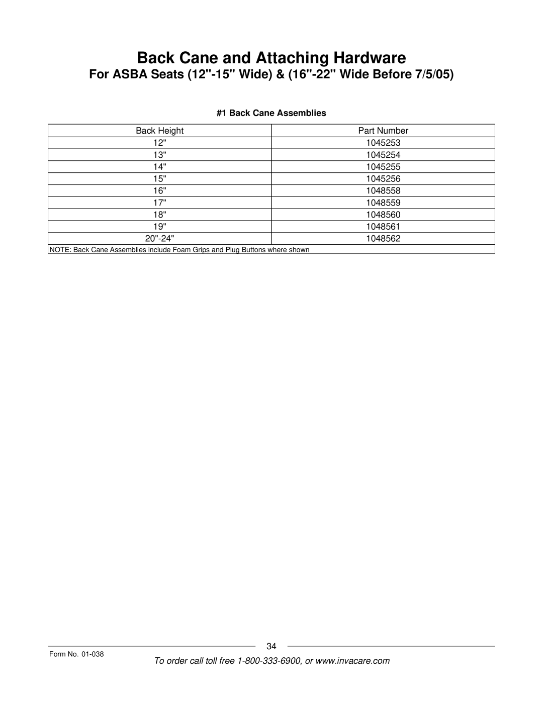 Invacare ESS-PTO, PTO-STM manual #1 Back Cane Assemblies 