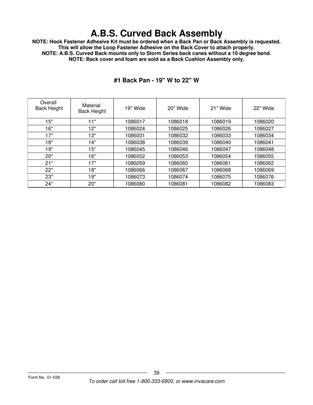 Invacare PTO-STM, ESS-PTO manual #1 Back Pan 19 W to 22 W 