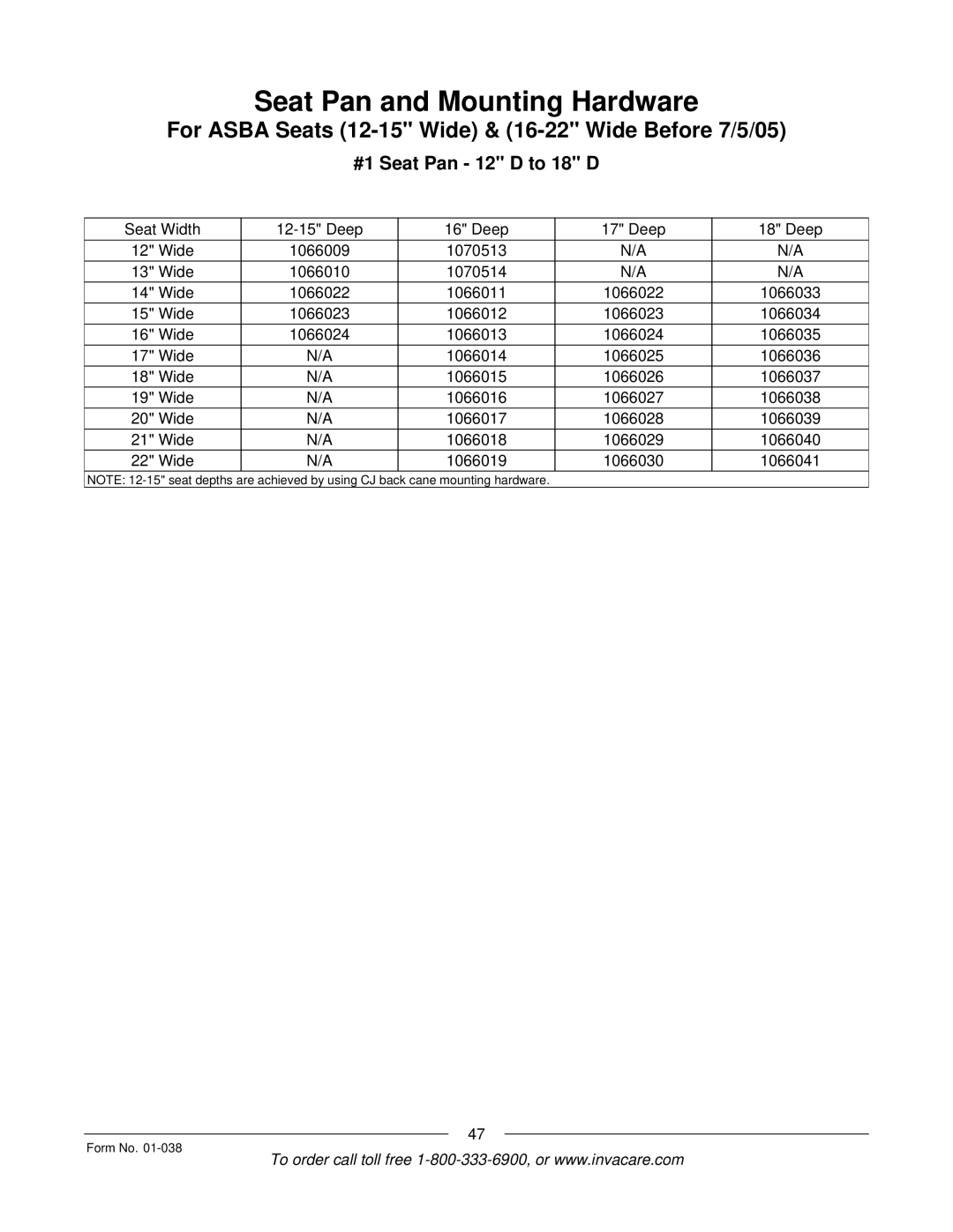 Invacare PTO-STM, ESS-PTO manual #1 Seat Pan 12 D to 18 D 