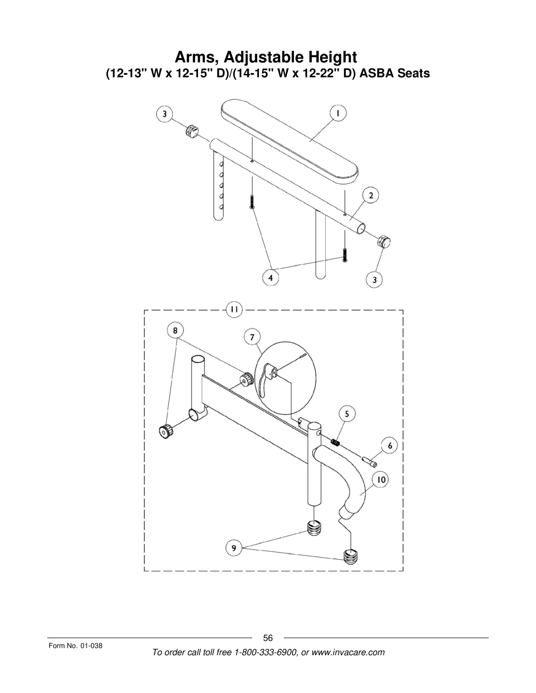 Invacare ESS-PTO, PTO-STM manual Arms, Adjustable Height 