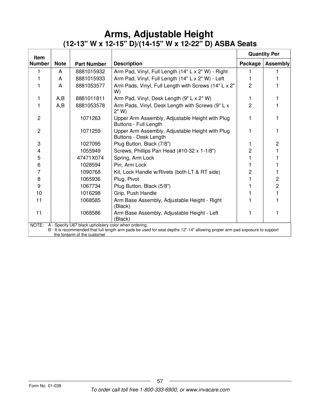 Invacare PTO-STM, ESS-PTO manual Quantity Per Number Part Number Description Package Assembly 