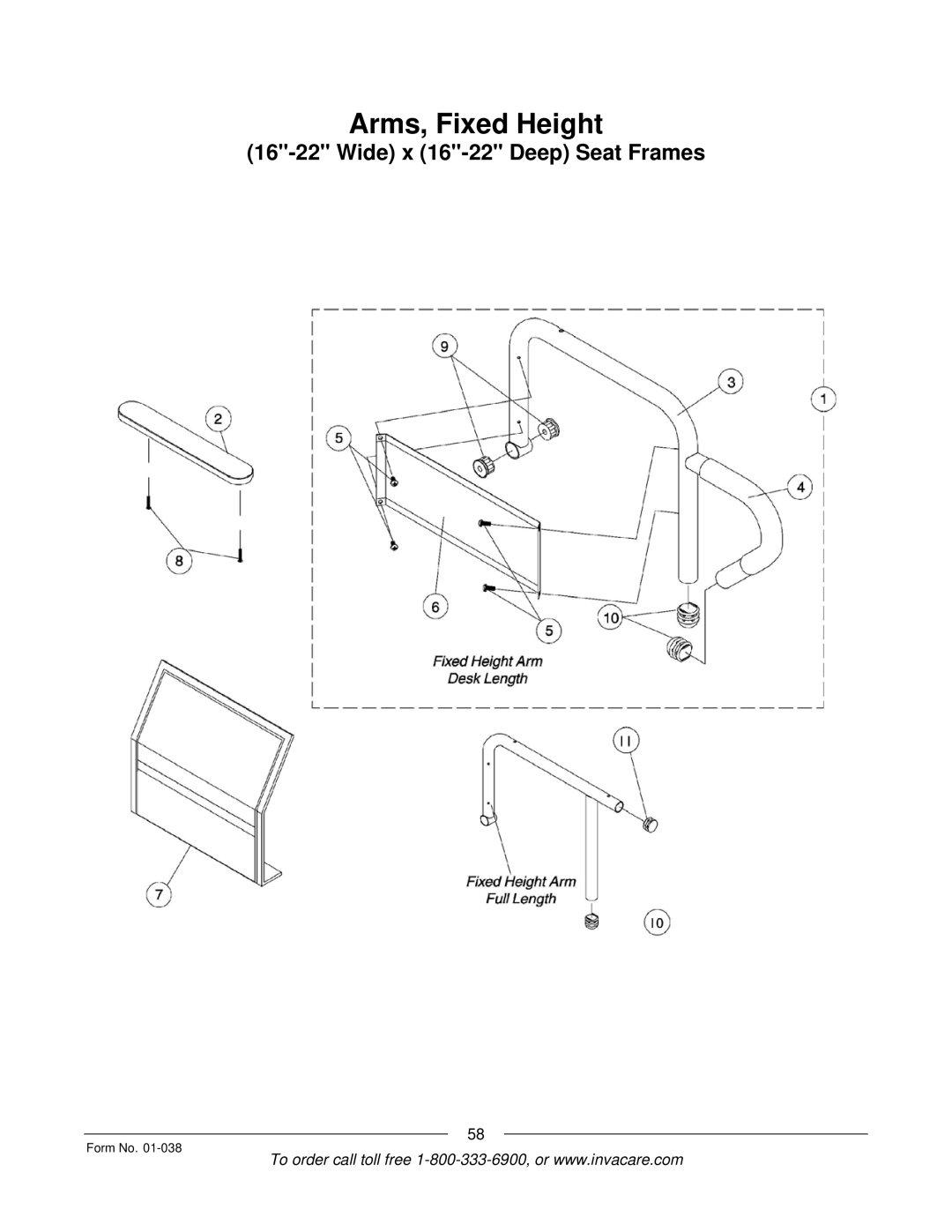 Invacare ESS-PTO, PTO-STM manual Arms, Fixed Height 