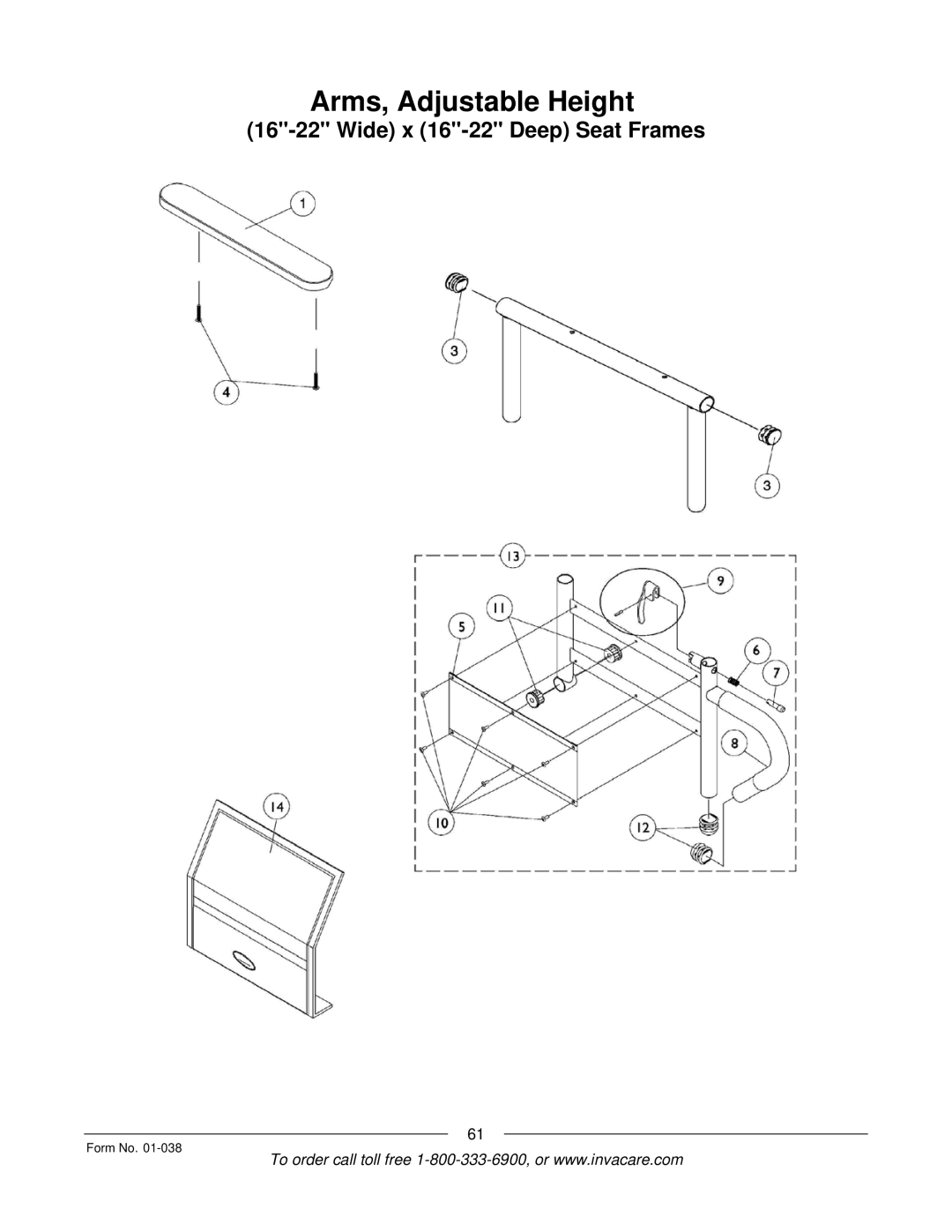 Invacare PTO-STM, ESS-PTO manual Arms, Adjustable Height 