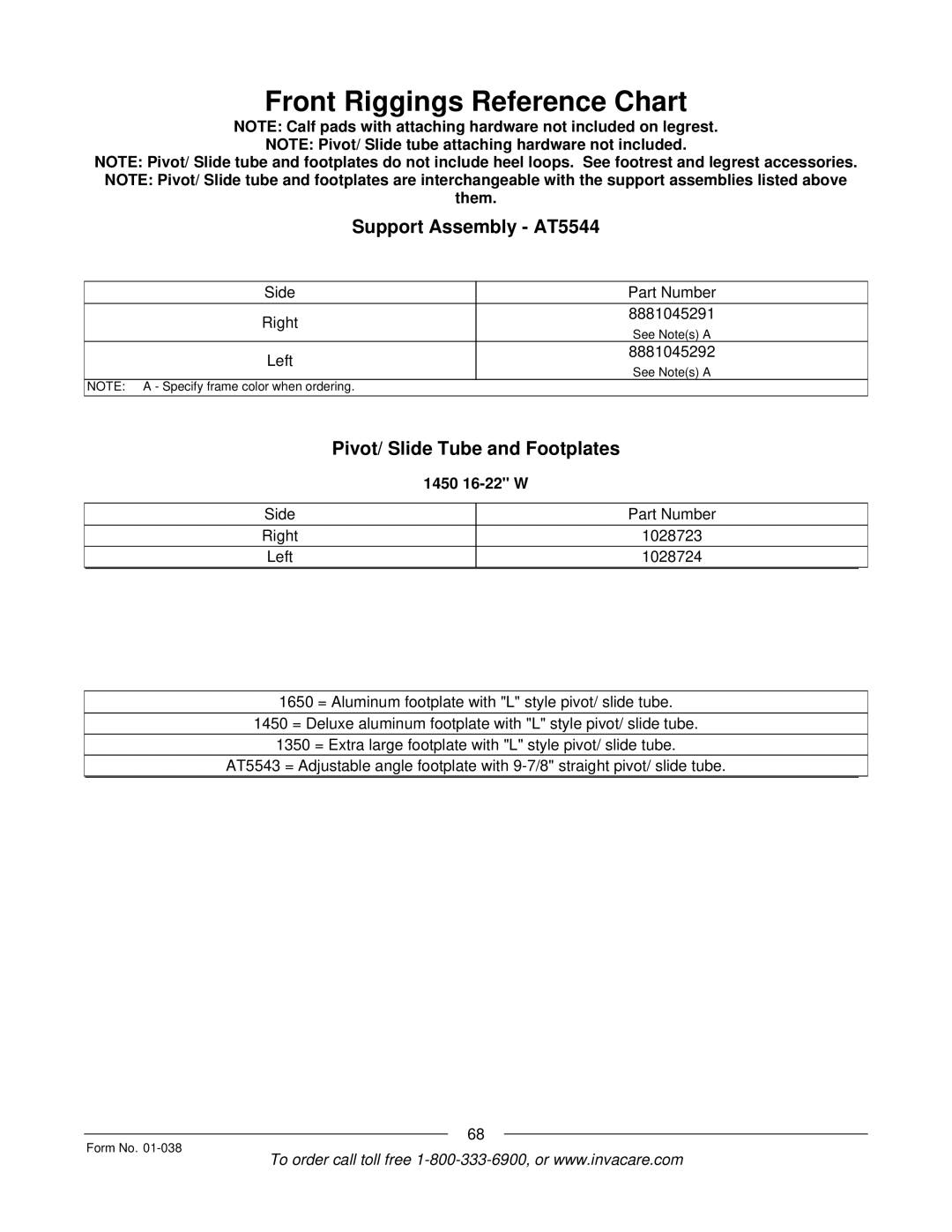 Invacare ESS-PTO, PTO-STM manual Support Assembly AT5544, Pivot/ Slide Tube and Footplates 