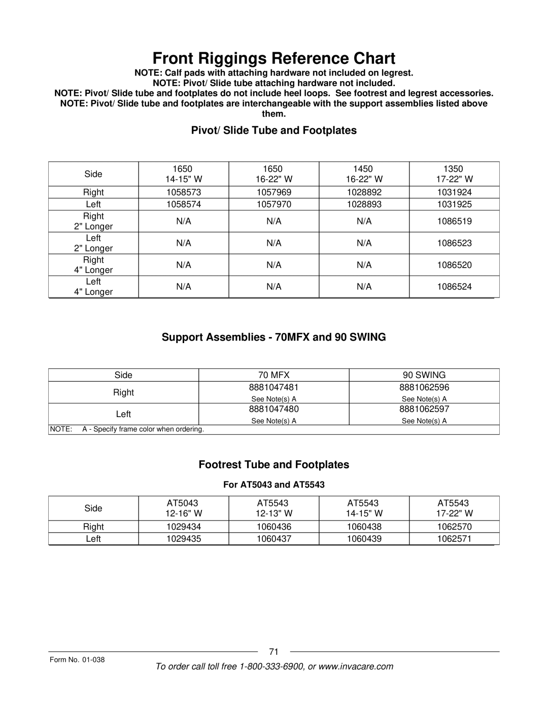 Invacare PTO-STM, ESS-PTO manual Support Assemblies 70MFX and 90 Swing, Footrest Tube and Footplates 