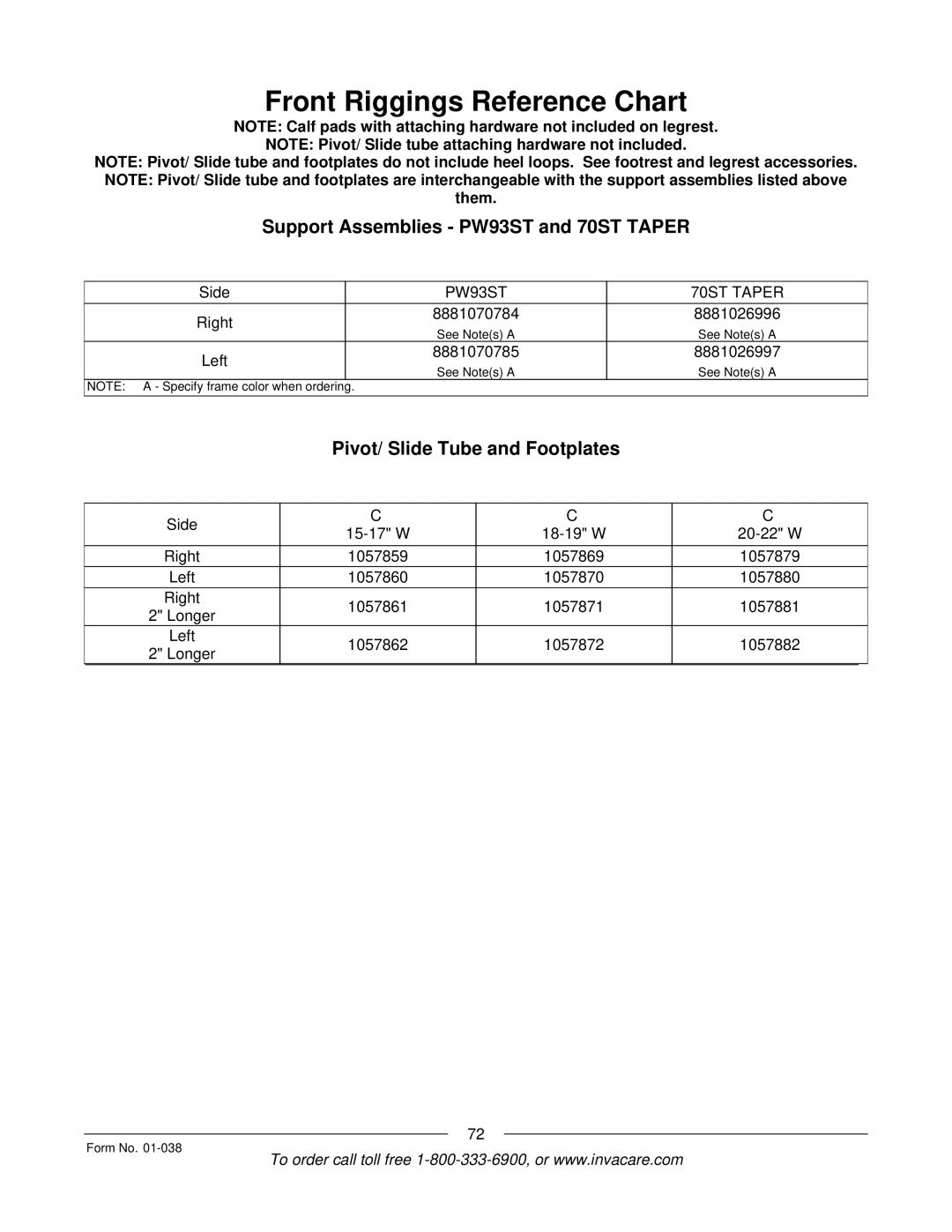 Invacare ESS-PTO, PTO-STM manual Support Assemblies PW93ST and 70ST Taper, PW93ST 70ST Taper 