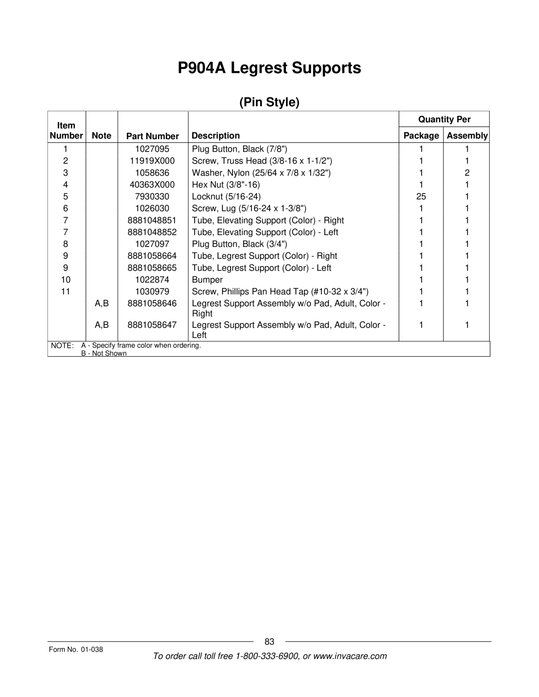 Invacare PTO-STM, ESS-PTO manual Frame color when ordering Not Shown Form No 