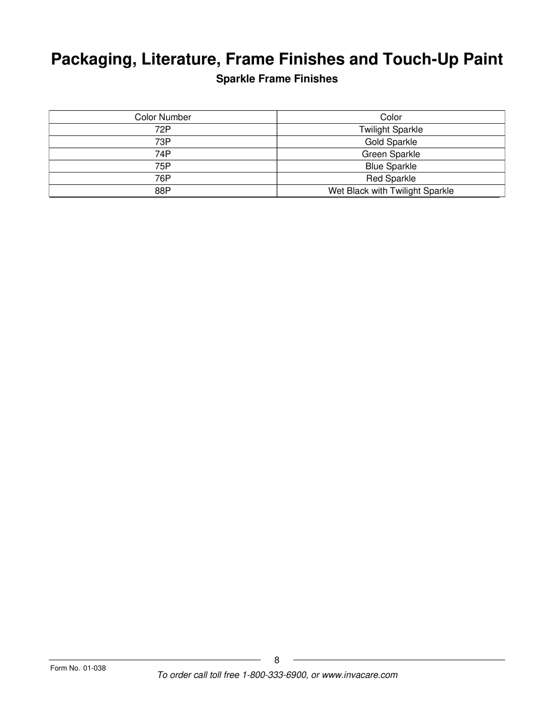 Invacare ESS-PTO, PTO-STM manual Sparkle Frame Finishes 