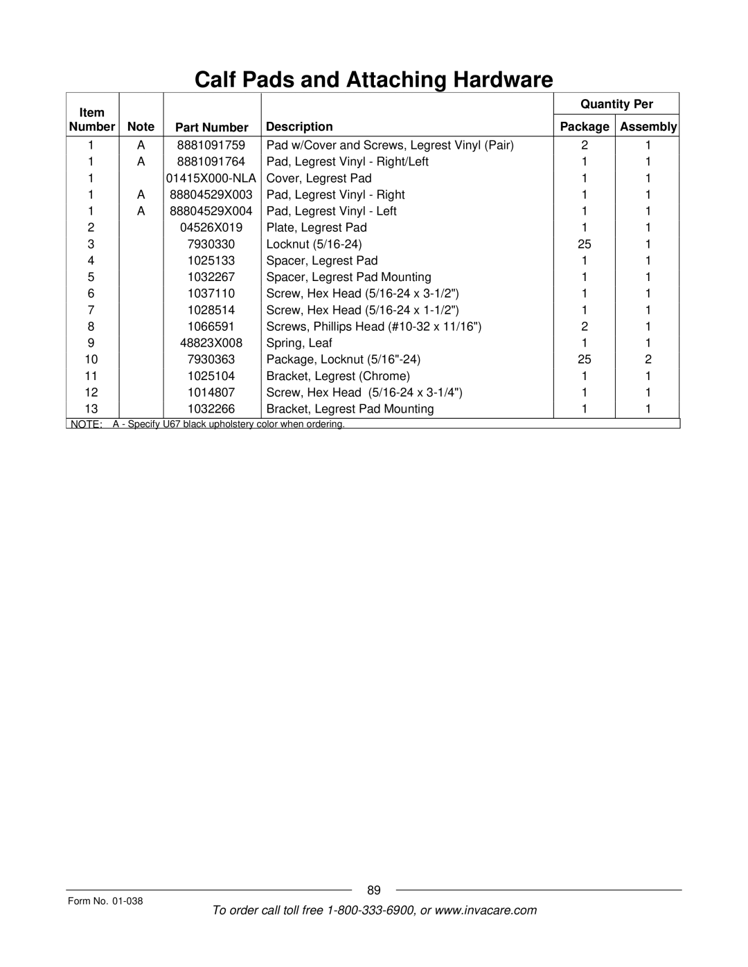 Invacare PTO-STM, ESS-PTO manual U67 black upholstery Color when ordering Form No 