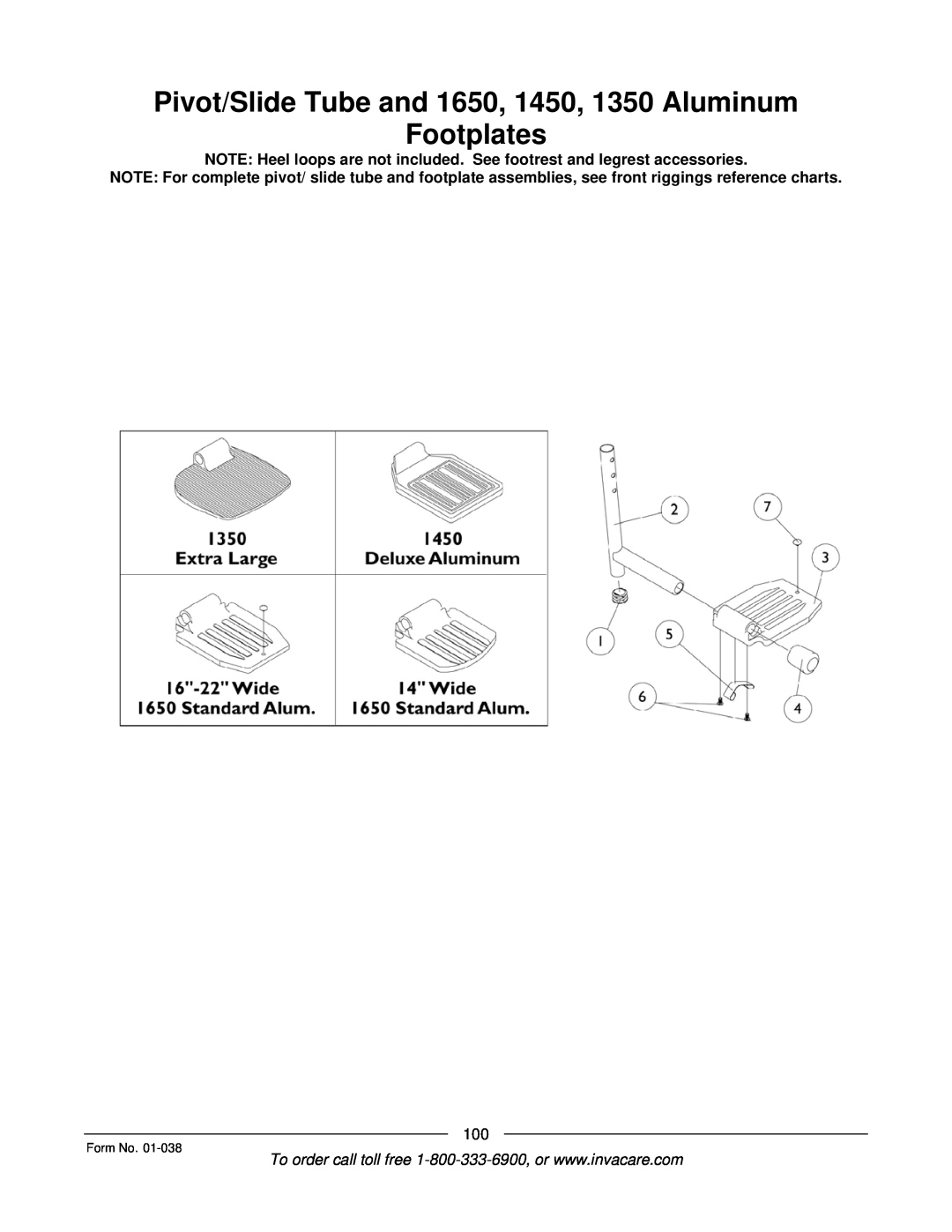 Invacare ESS-PTO, PTO-STM manual Pivot/Slide Tube and 1650, 1450, 1350 Aluminum Footplates, Form No 