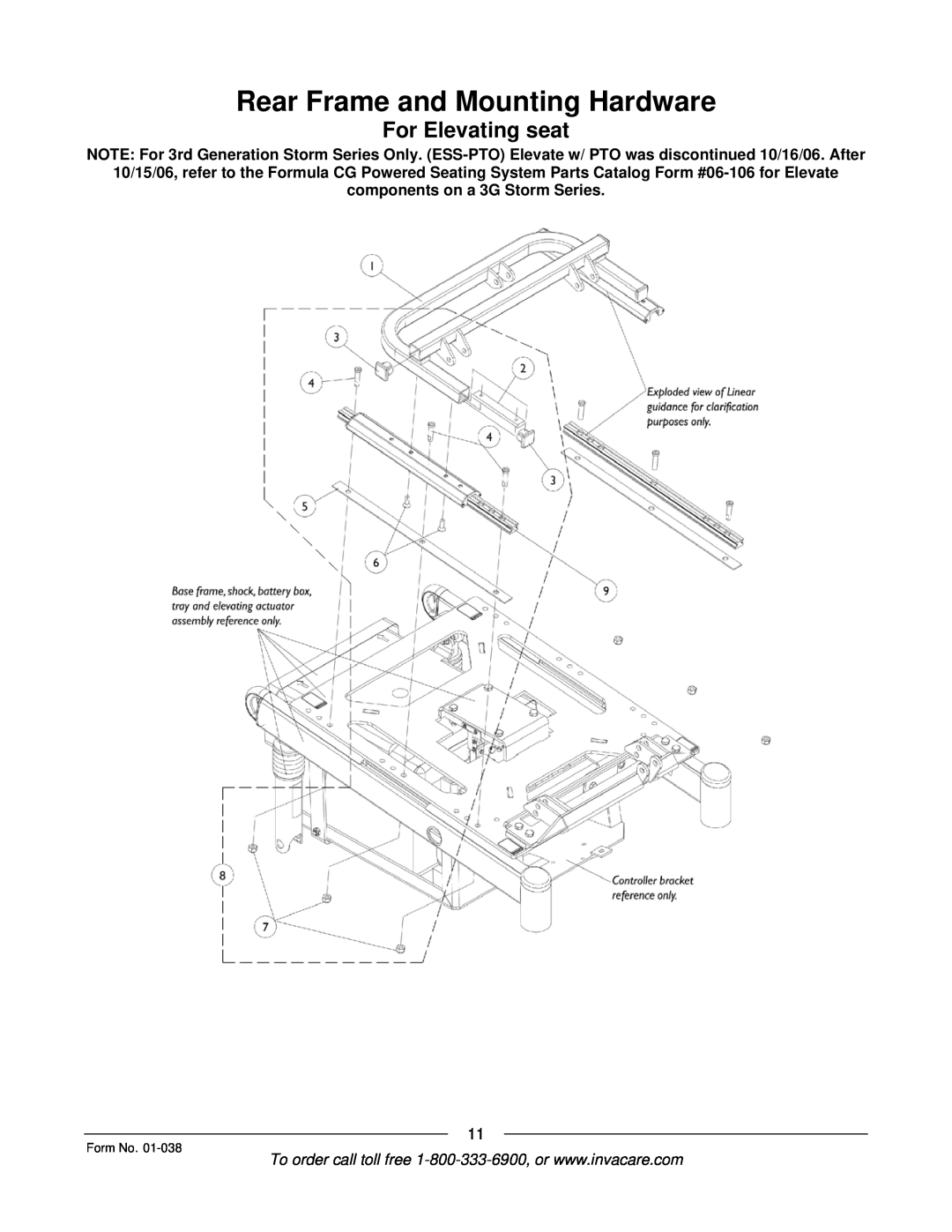 Invacare PTO-STM, ESS-PTO manual For Elevating seat, Rear Frame and Mounting Hardware 