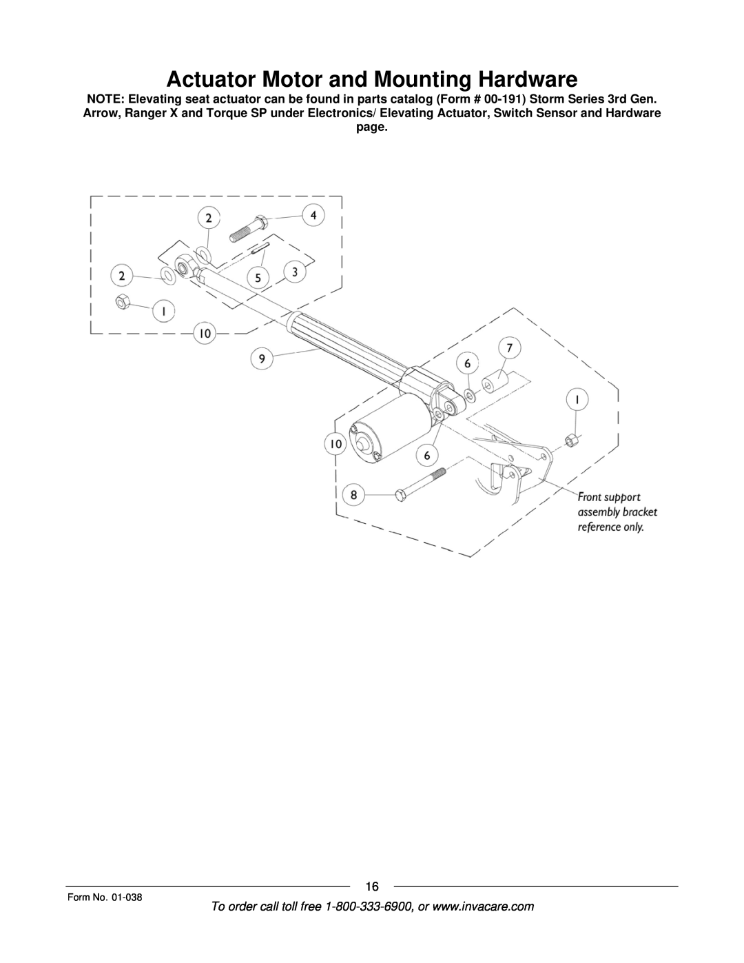 Invacare ESS-PTO, PTO-STM manual Actuator Motor and Mounting Hardware, Form No 