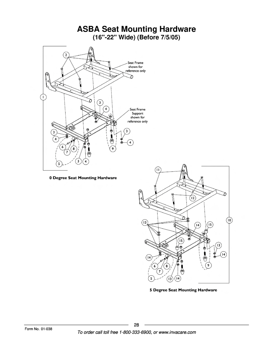 Invacare ESS-PTO, PTO-STM manual ASBA Seat Mounting Hardware, Wide Before 7/5/05, Form No 