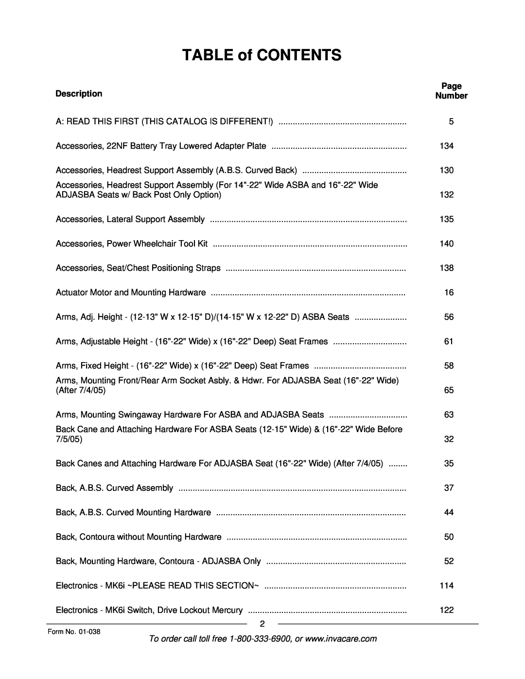 Invacare ESS-PTO, PTO-STM manual TABLE of CONTENTS, Description, Number, Page 