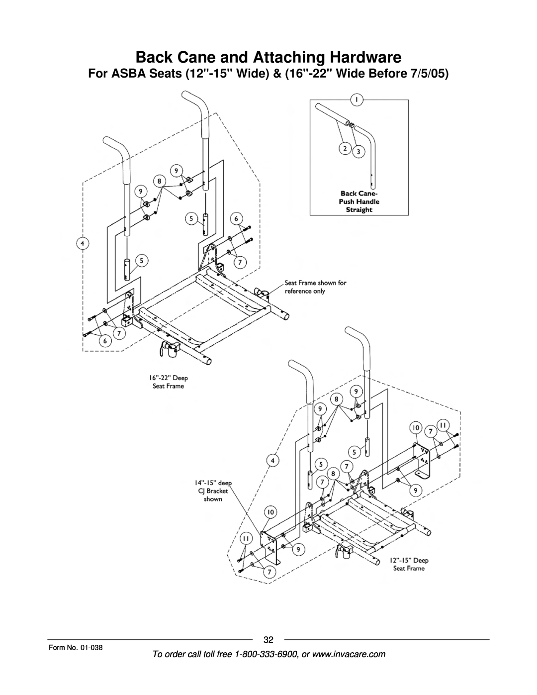 Invacare ESS-PTO, PTO-STM Back Cane and Attaching Hardware, For ASBA Seats 12-15 Wide & 16-22 Wide Before 7/5/05, Form No 