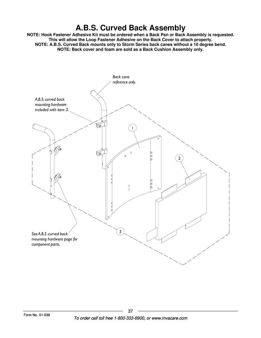 Invacare PTO-STM, ESS-PTO manual A.B.S. Curved Back Assembly 