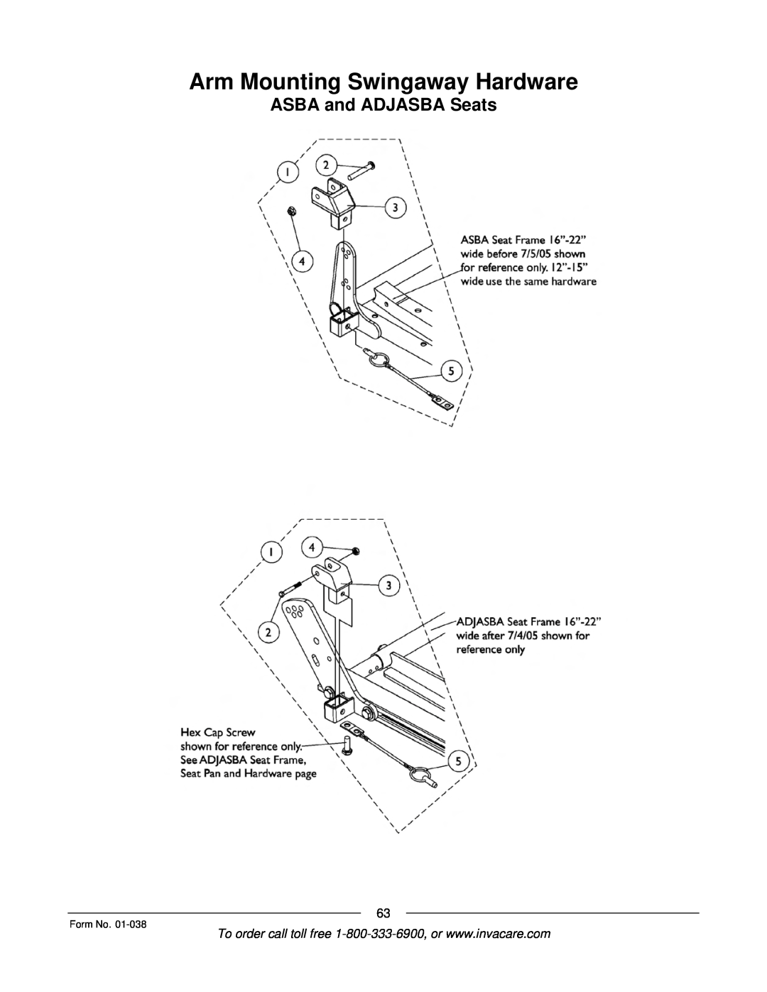 Invacare PTO-STM, ESS-PTO manual Arm Mounting Swingaway Hardware, ASBA and ADJASBA Seats, Form No 