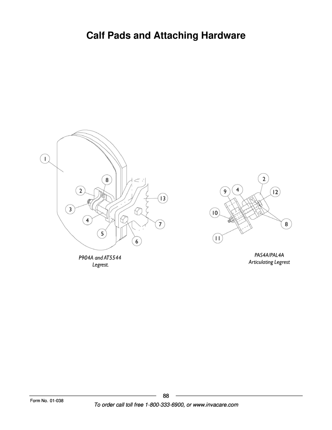 Invacare ESS-PTO, PTO-STM manual Calf Pads and Attaching Hardware, Form No 