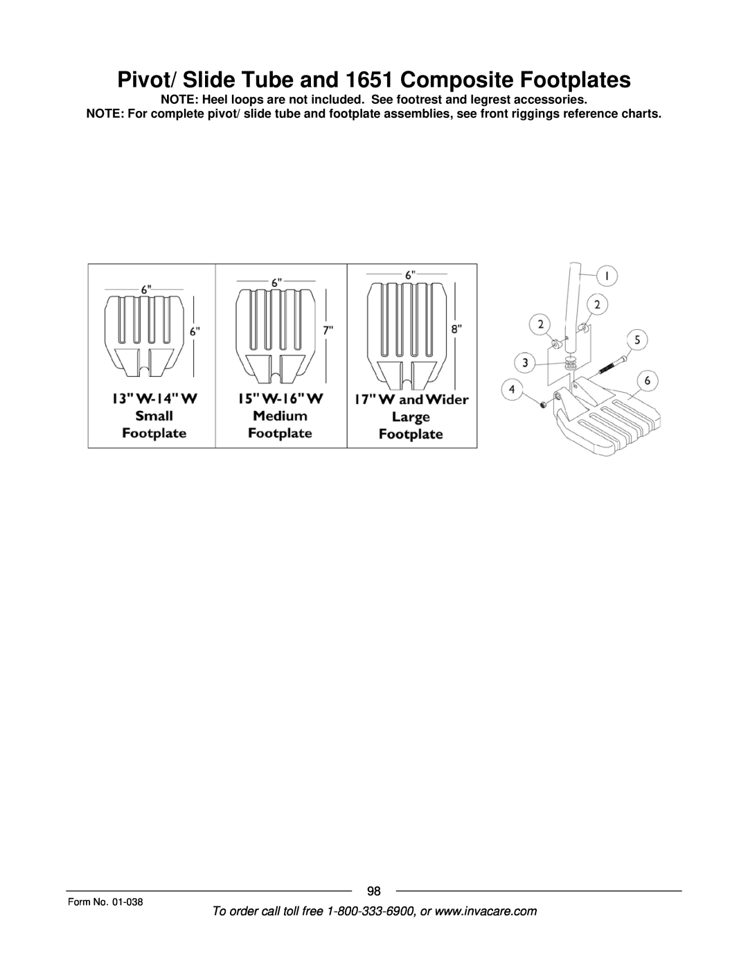 Invacare ESS-PTO, PTO-STM manual Pivot/ Slide Tube and 1651 Composite Footplates, Form No 