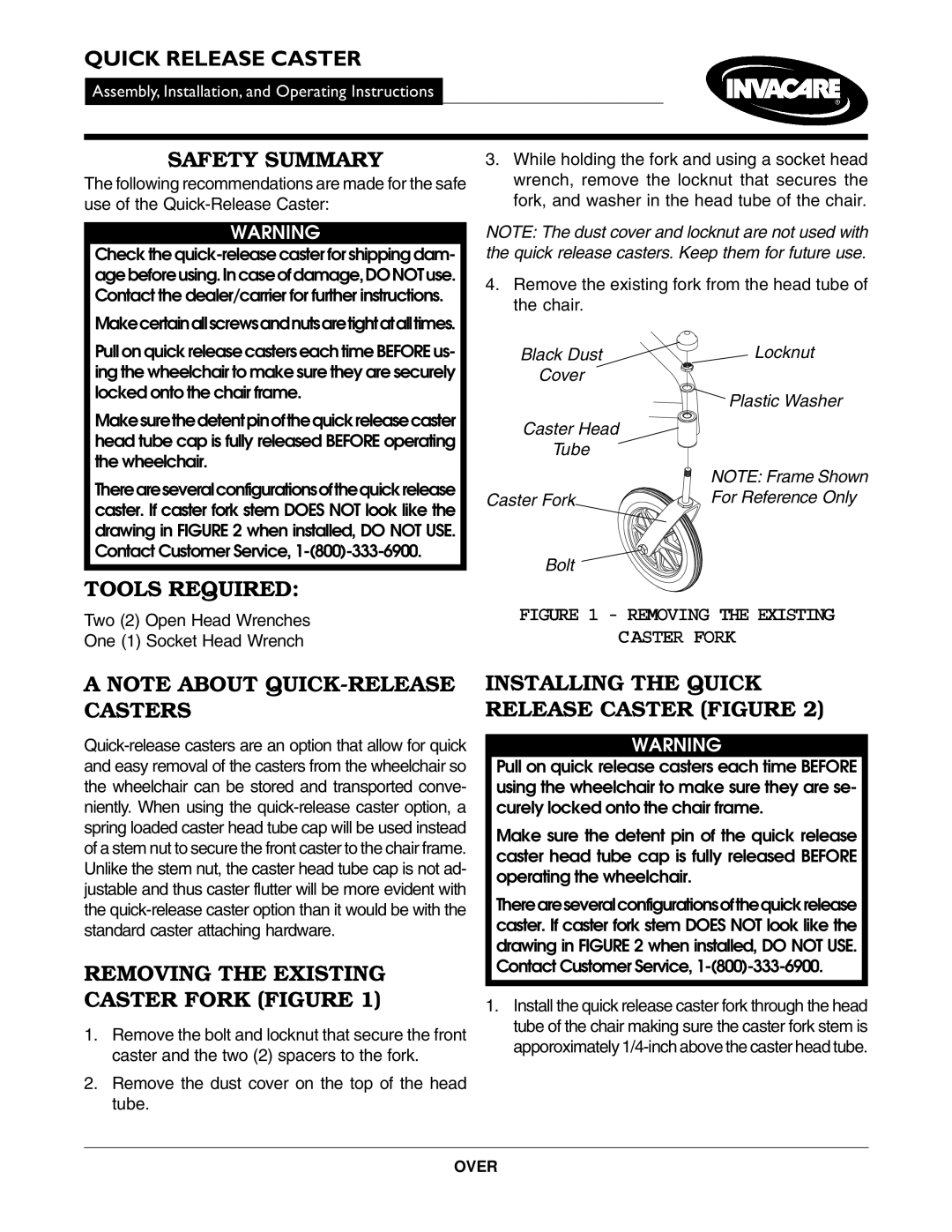 Invacare Quick Release Caster operating instructions Safety Summary, Tools Required, Installing the Quick 